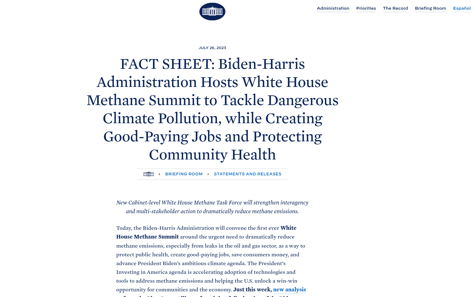 The White House - FACT SHEET: Biden-⁠Harris Administration Hosts White House Methane Summit to Tackle Dangerous Climate Pollution, while Creating Good-Paying Jobs and Protecting Community Health